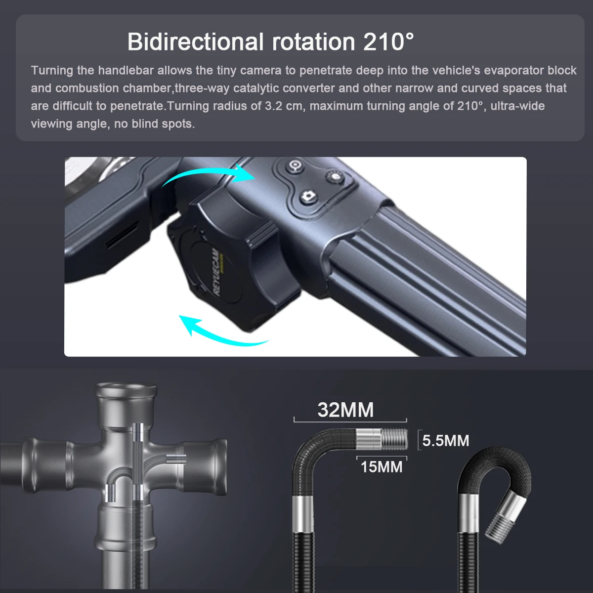 REYUECAM 5.5mm Two-Way 210° Articulating Borescope with 5 \