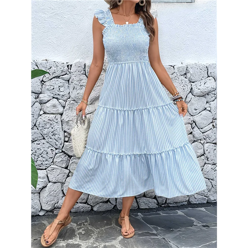 Nuevo vestido de playa bohemio a rayas de verano para mujer, vestido largo ahumado con volantes y tirantes finos
