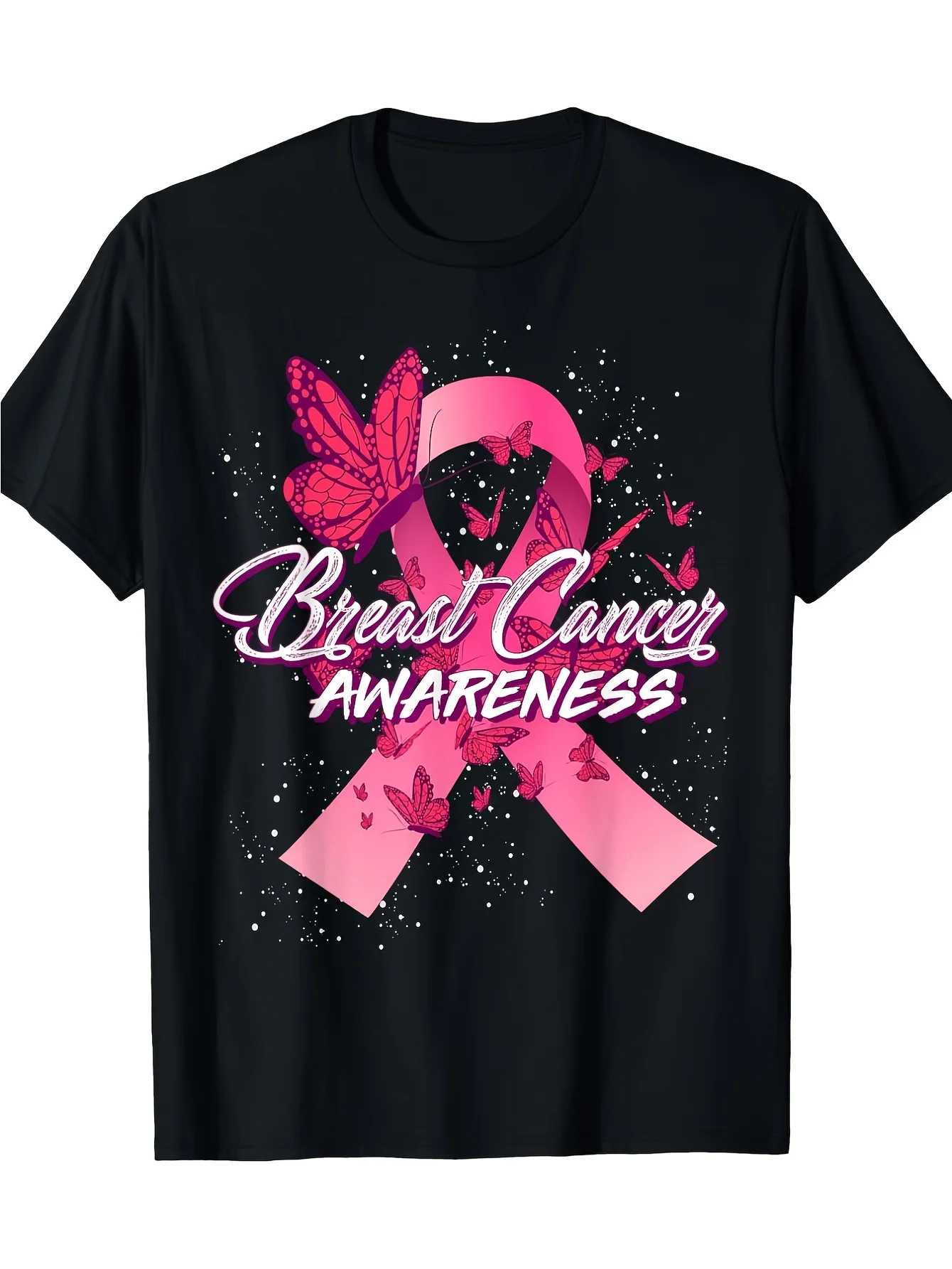 Breast Cancer Awareness 220g 100% Cotton T-Shirt - Unisex Soft Breathable Pink Ribbon Butterfly Pattern Print, Light Crew Neck Short Sleeve, Size S-XXXL, Support Activities and Daily Casual Wear