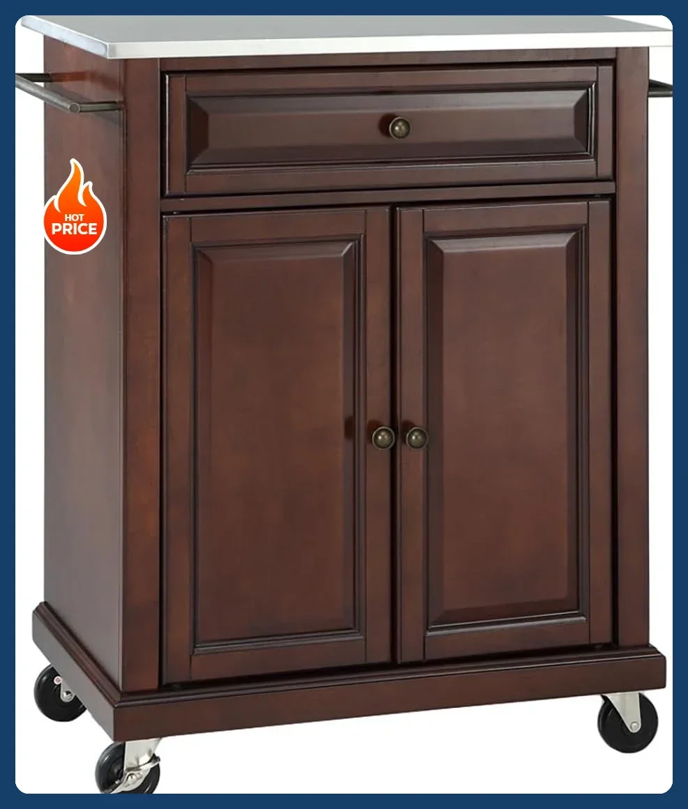 [Best Seller!]Compact Stainless Steel Top Rolling Cart with Shelves, Microwave Stand with Towel Rack, Mahogany