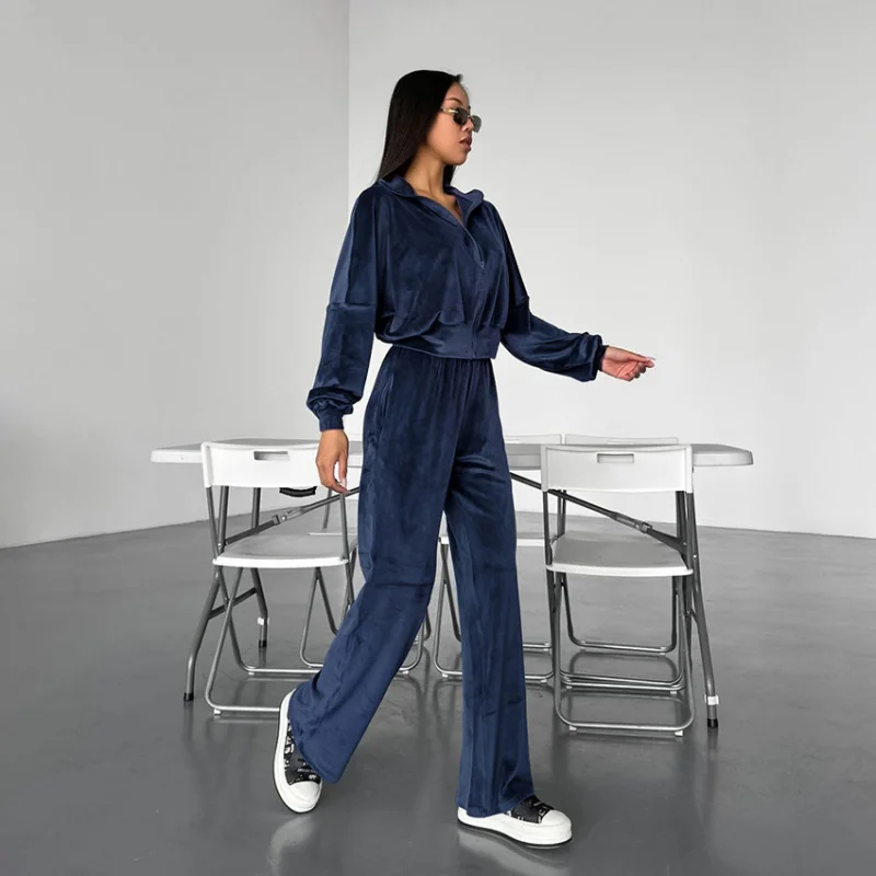 Autumn Winter Tracksuit Fashionable Sporty Navy Blue Small Stand Collar Two-Piece Sport Pants Set For Street Casual Women'S Wear
