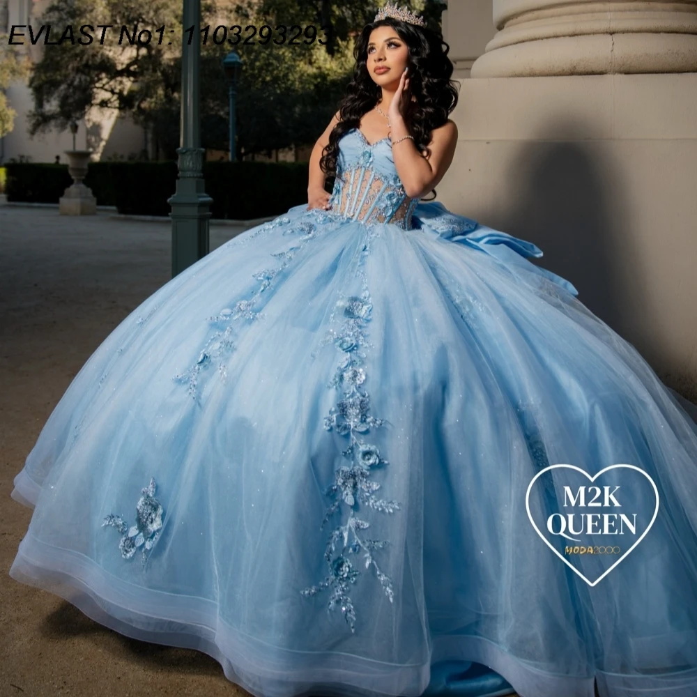 

EVLAST Customized Glitter Sky Blue Ball Gown Quinceanera Dress Foral Applique Beading Bow Sweet 16 Vestidos De 15 Anos E1Q881