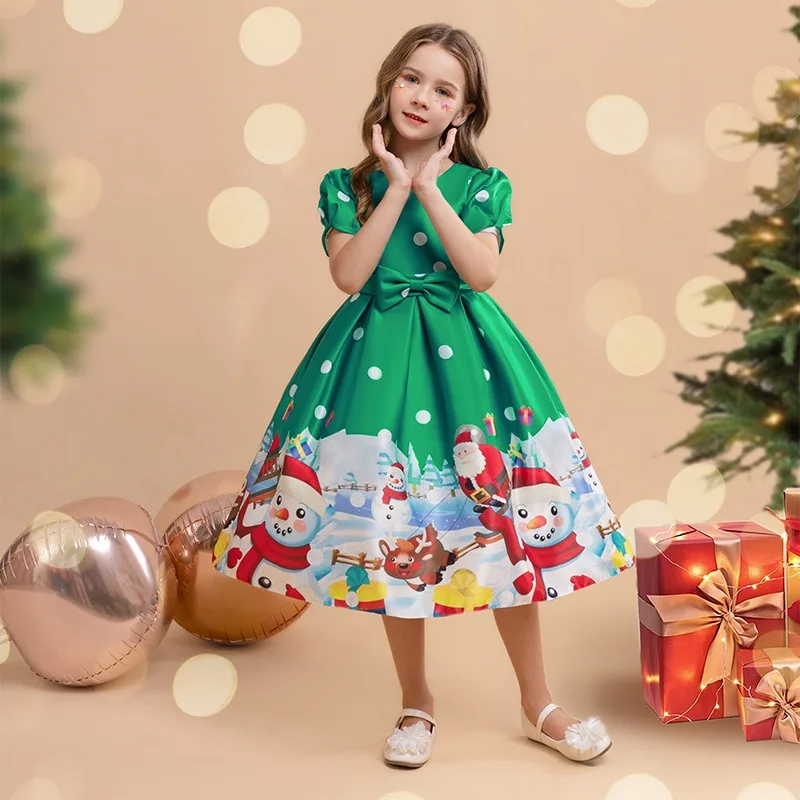 2024 HOT 2-8 Years Old Girls Christmas Dress Red Santa Green Costume Girl\'s Kid Vestidos 2 3 4 5 6 7 8 Years Old Kids Clothes