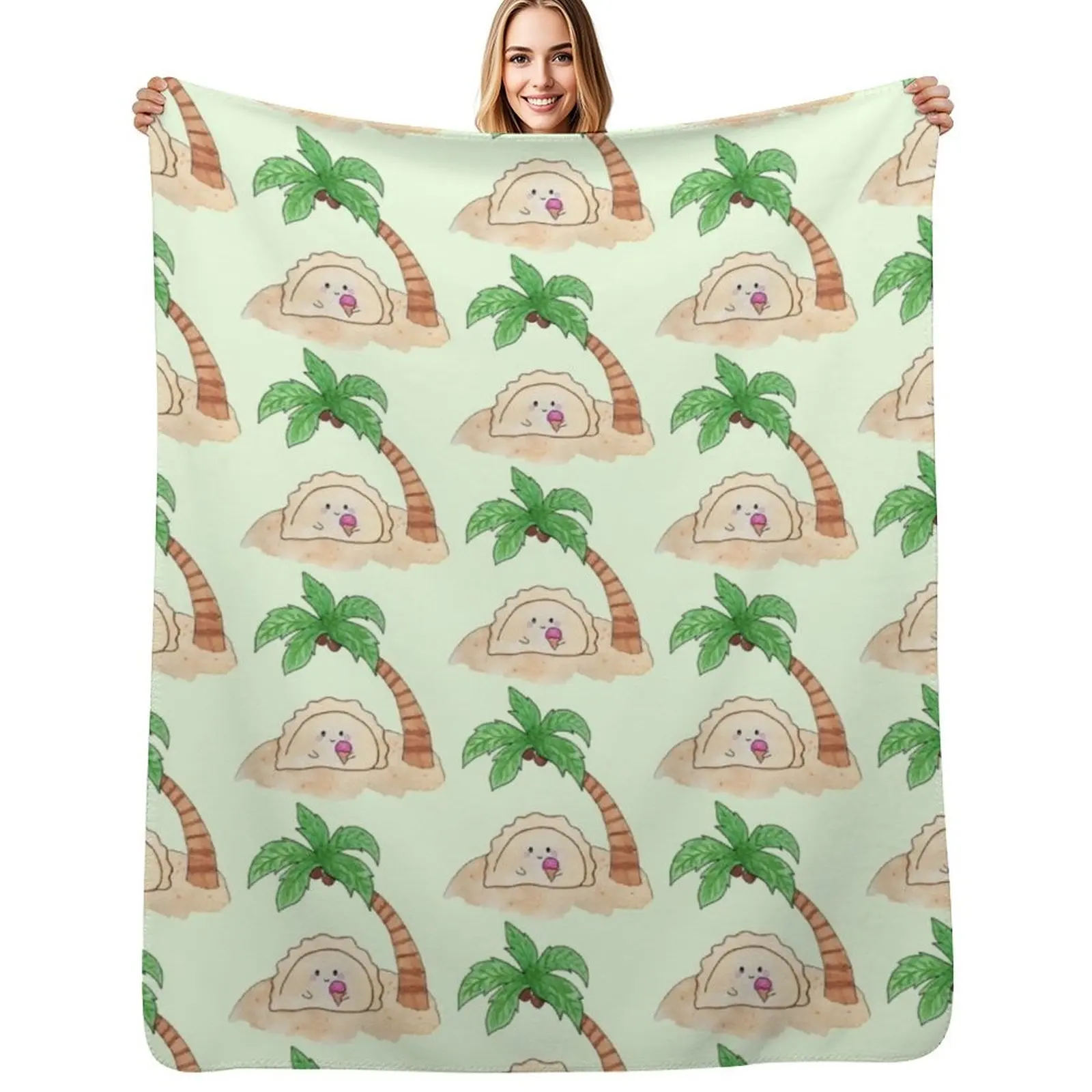 

Dumpling pierogi on a deserted island with ice cream under a palm tree pattern Throw Blanket Weighted Large Quilt Blankets