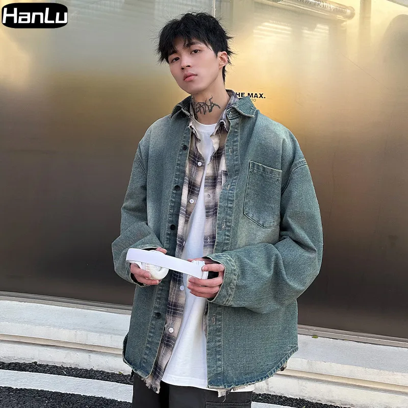 

Мужская потертая рубашка в стиле ретро, джинсовые куртки, мужские топы на весну и осень, японские модные Рабочие Рубашки с длинным рукавом