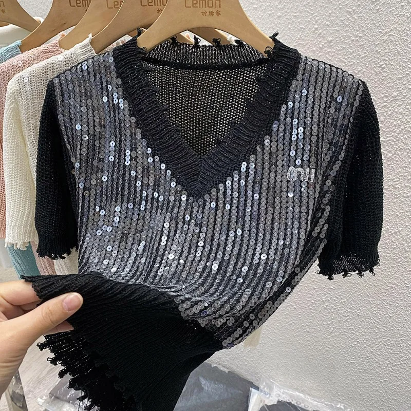 2024 French V-Neck Sequin Knitted Top T-Shirt Women Summer New Korean-Style Loose Slimming Virtual Edge Elastic Base Shirt Tees