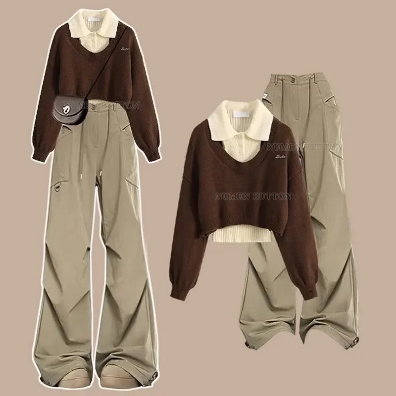 

Girl Autumn Winter New Fashion Tracksuit Matching Set Korean Elegant Knit Sweater+vest+Cargo Pants 3-piece Suit Female Clothing