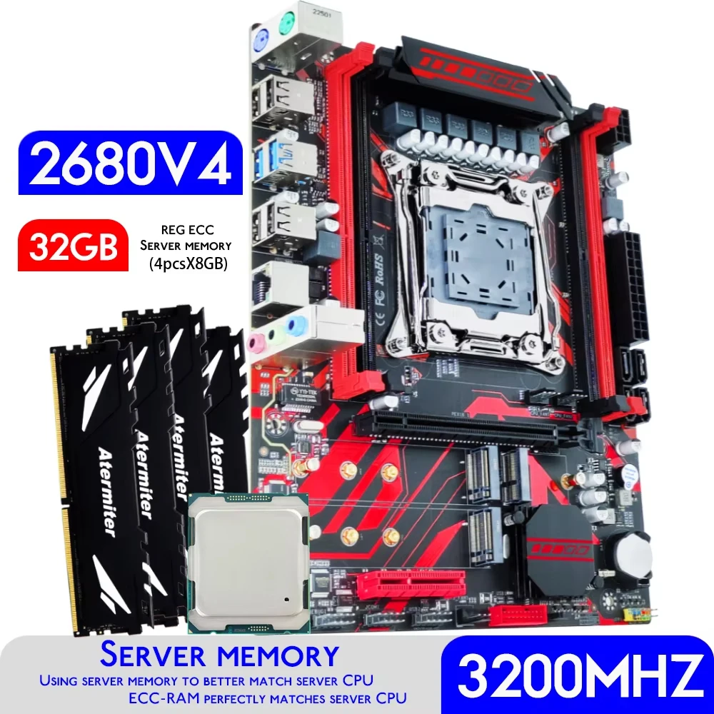 Atermiter X99 Motherboard Kit Set with Xeon E5 2680 V4 CPU LGA 2011-3 Processor DDR4 32GB  4 X 8GB 3200MHz Memory REG ECC RAM