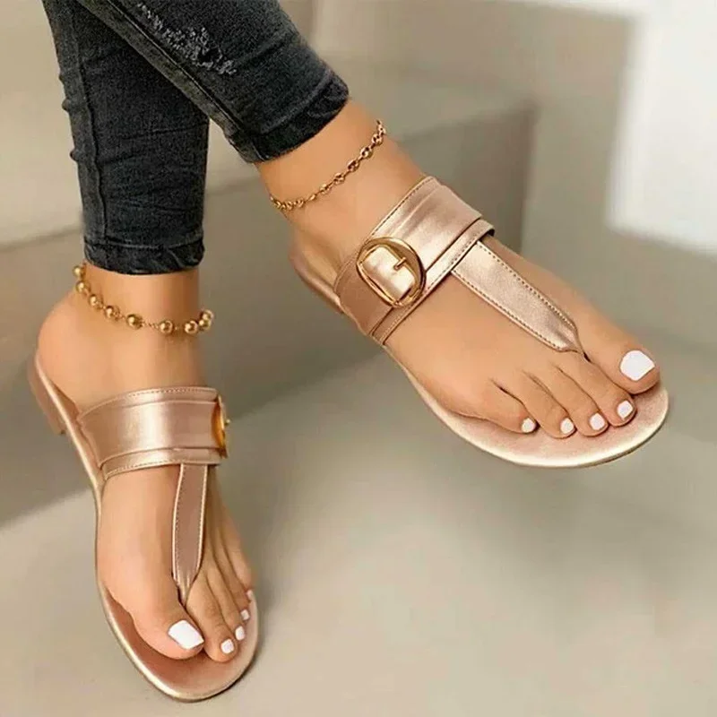 Slippers Women's Flip Flops Clip Toe Flat Sandals Summer T Tied Beach Casual Ladies Shoes Fashion Female PU Leather Footwear New