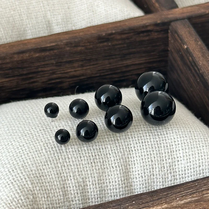 S925 Sterling Silver Black Onyx Ball Stud Earrings for Women Elegant Celebrity Style Black Fashion Jewelry New Arrival E9922