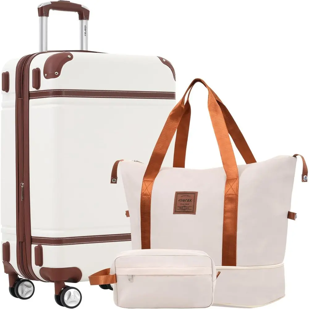 

3 Piece Vintage Hardside Luggage Set with Spinner Wheels, Expandable and Lightweight, TSA Lock, White