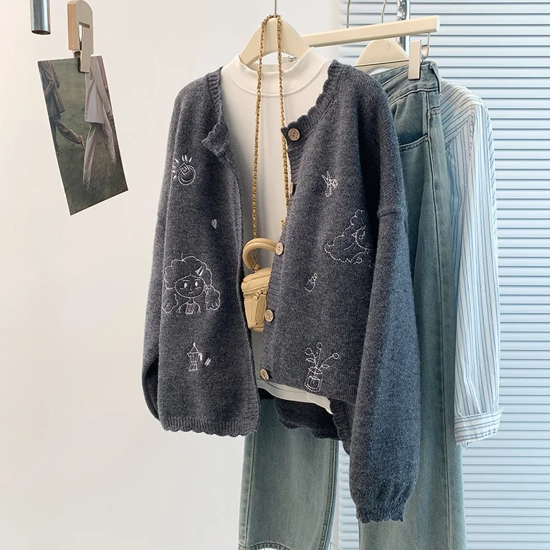 

Осень-зима, ленивый повседневный свободный забавный открытый кардиган с вышивкой, свитер или пальто, хорошее качество, универсальный Ci для поездок на работу