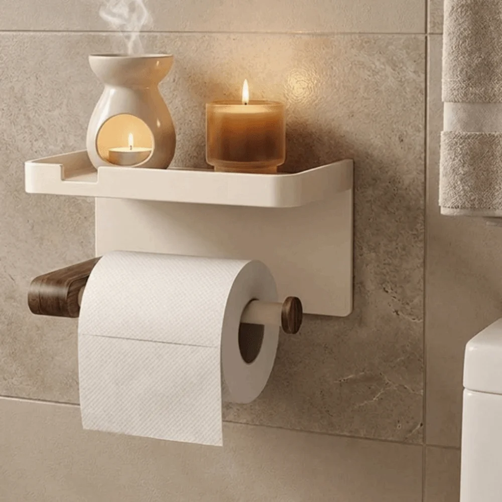 

Space Aluminum Toilet Paper Holder No Drill Large Capacity Toilet Paper Dispenser with Shelf Space Saving