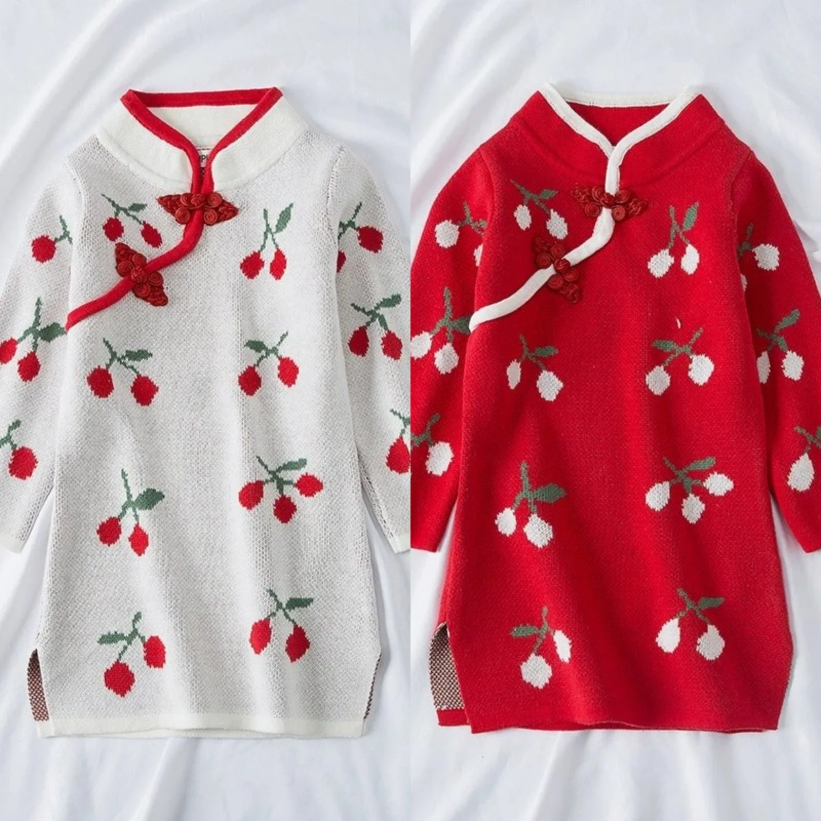 

‌Girls Chinese Hanfu Knit Dress Winter Cherry Print Kids Traditional Cheongsam Outfit Festive New Year Party Wear