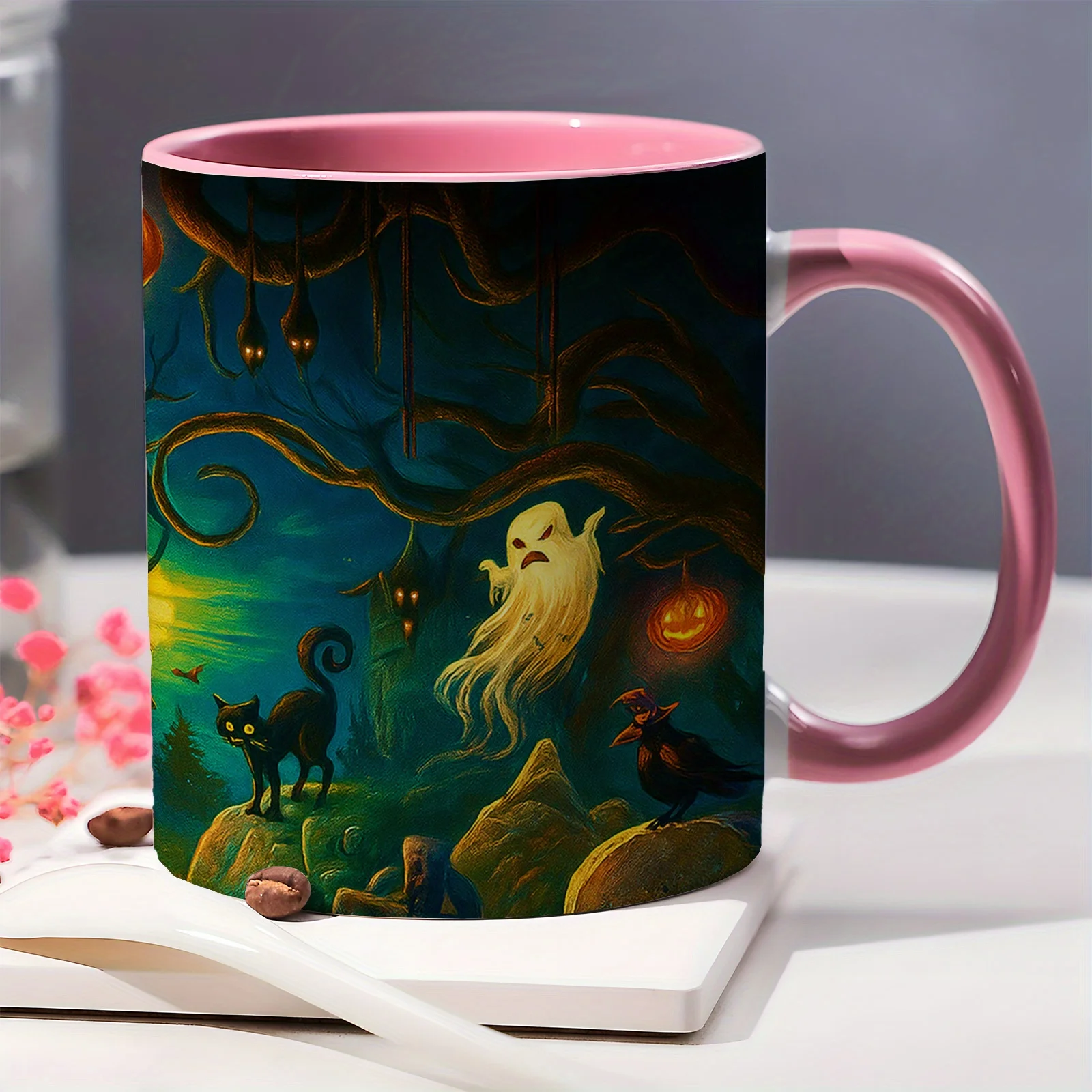 1pc 11Oz Haunted House Halloween Coffee Mug, Halloween Themed Pumpkin Cat, Suitable Gifts for Cat Themed Horror Seaso