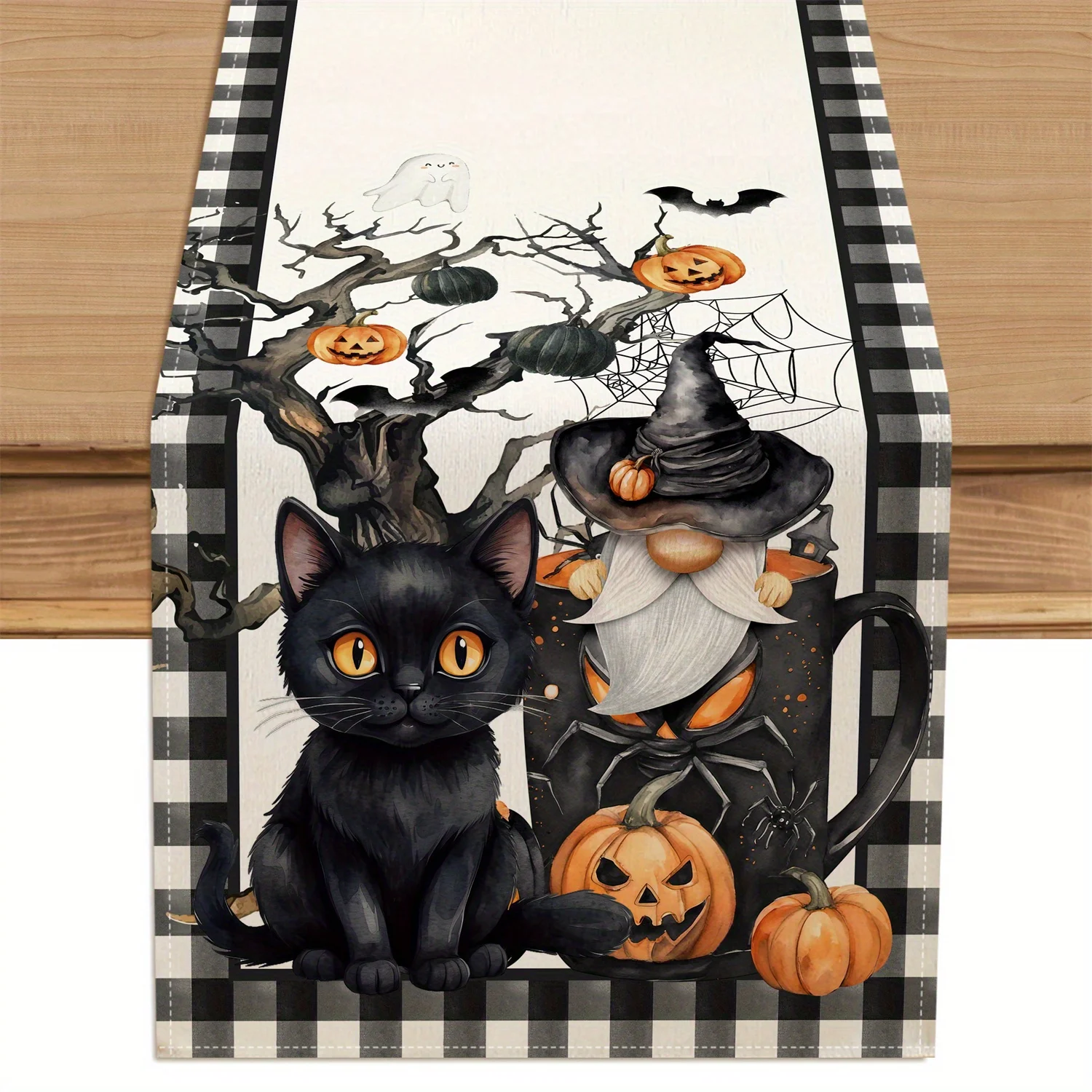 Black Cat Gnome Pumpkin Checkered Border Polyester Halloween Table Runner Kitchen Dining Indoor Outdoor Holiday Table Decor