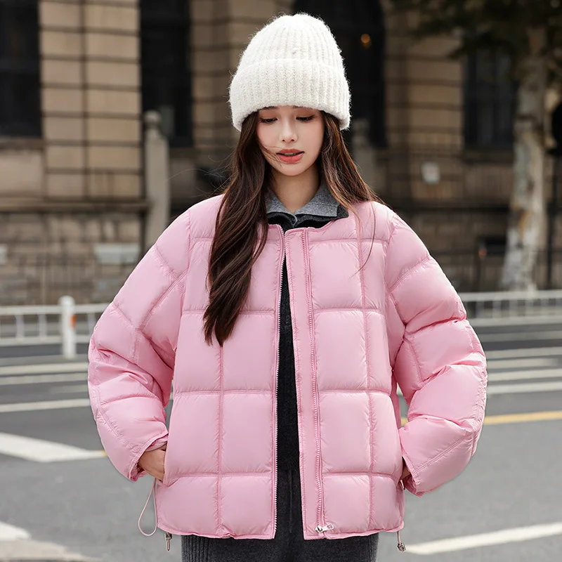 

Lady's Winter Quilted Coat Checkered Print Round Neck Drwastring Female's Padded Coat Loose Fit Lightweight Jackets For Women