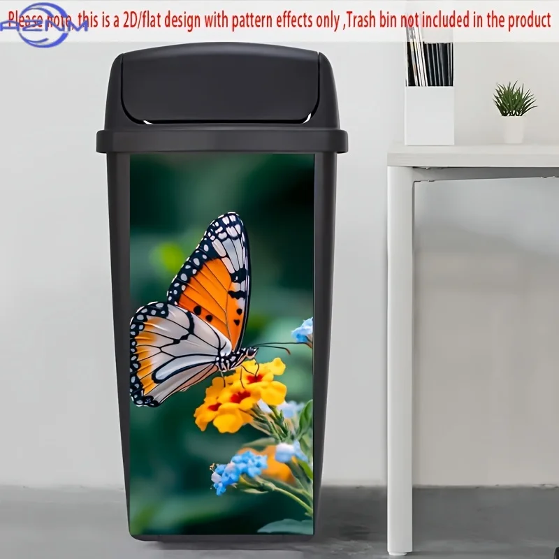 1pc Large .01x cm Waterproof PVC Trash Can Sticker - Elegant Monarch Butterfly & Wildflowers Art Deco Decal for Garbage Cans,