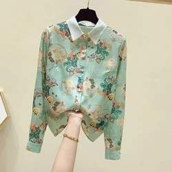 Temperament Printing Loose Blouse Spring New Long Sleeve Polo Neck All-match Office Shirt Tops Fashion Elegant Women Clothing