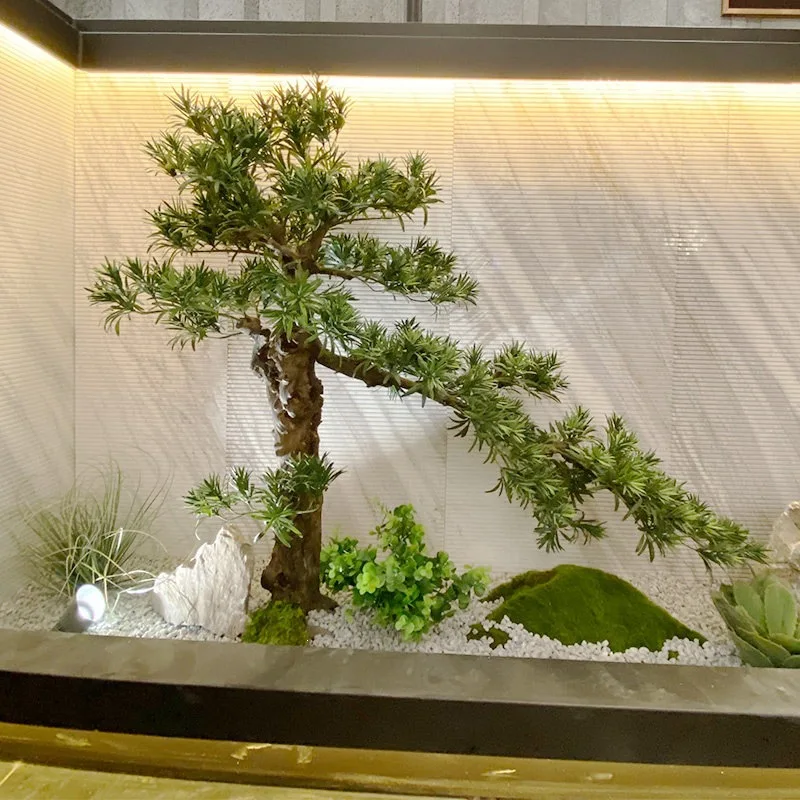 Solid wood welcome pine new Chinese landscape entrance layout fake tree green bonsai indoor floor pendulum