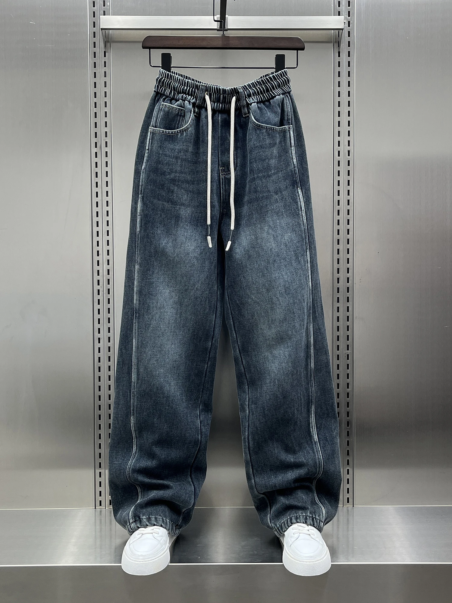 

Мужские повседневные джинсы прямого кроя с флисовой подкладкой, утепленные, с американским дизайном в стиле пэчворк, теплые, износостойкие, осенне-зимние, новинка