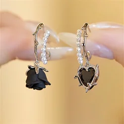 Simple Red Hollow Heart Stud Earrings For Women Girls Korean Fashion Irregularity Black Rose Earrings Travel Party Jewelry Gifts