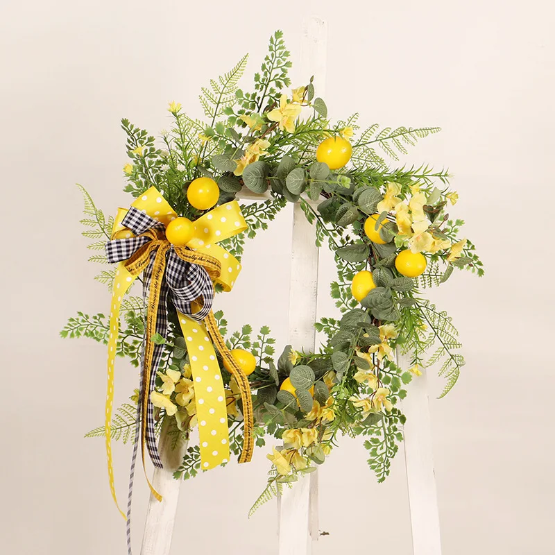 

20'' Artificial Lemon Wreath for Front Door Fake Summer Wreath with Ribbow Bow for Wedding Party Holiday Indoor Outdoor Decor