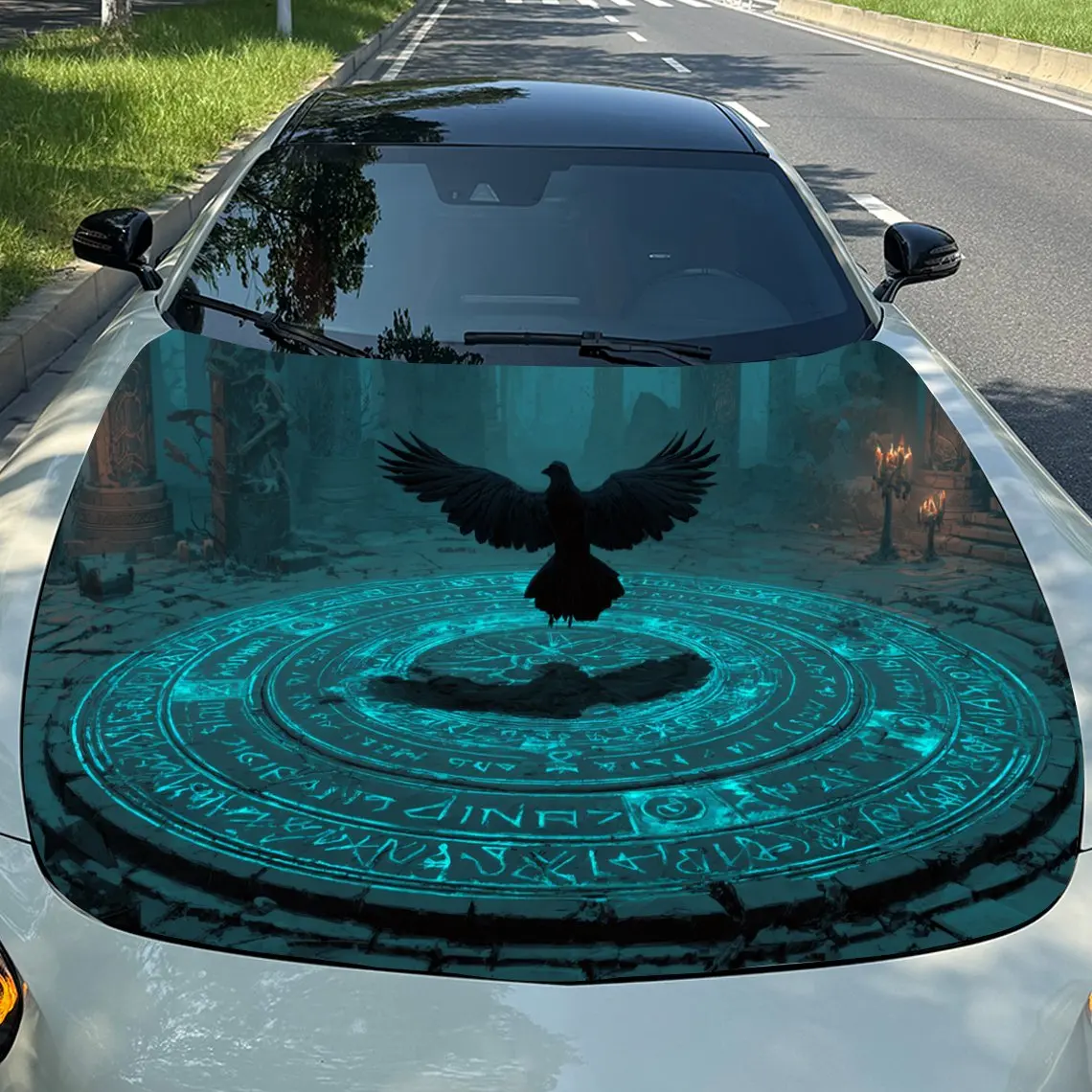 Gloomy Blue Array and Black Raven Secret Domain Car Vinyl Wrap, PVC Material Waterproof Car Hood Sticker, Self-Adhesive Scratch-