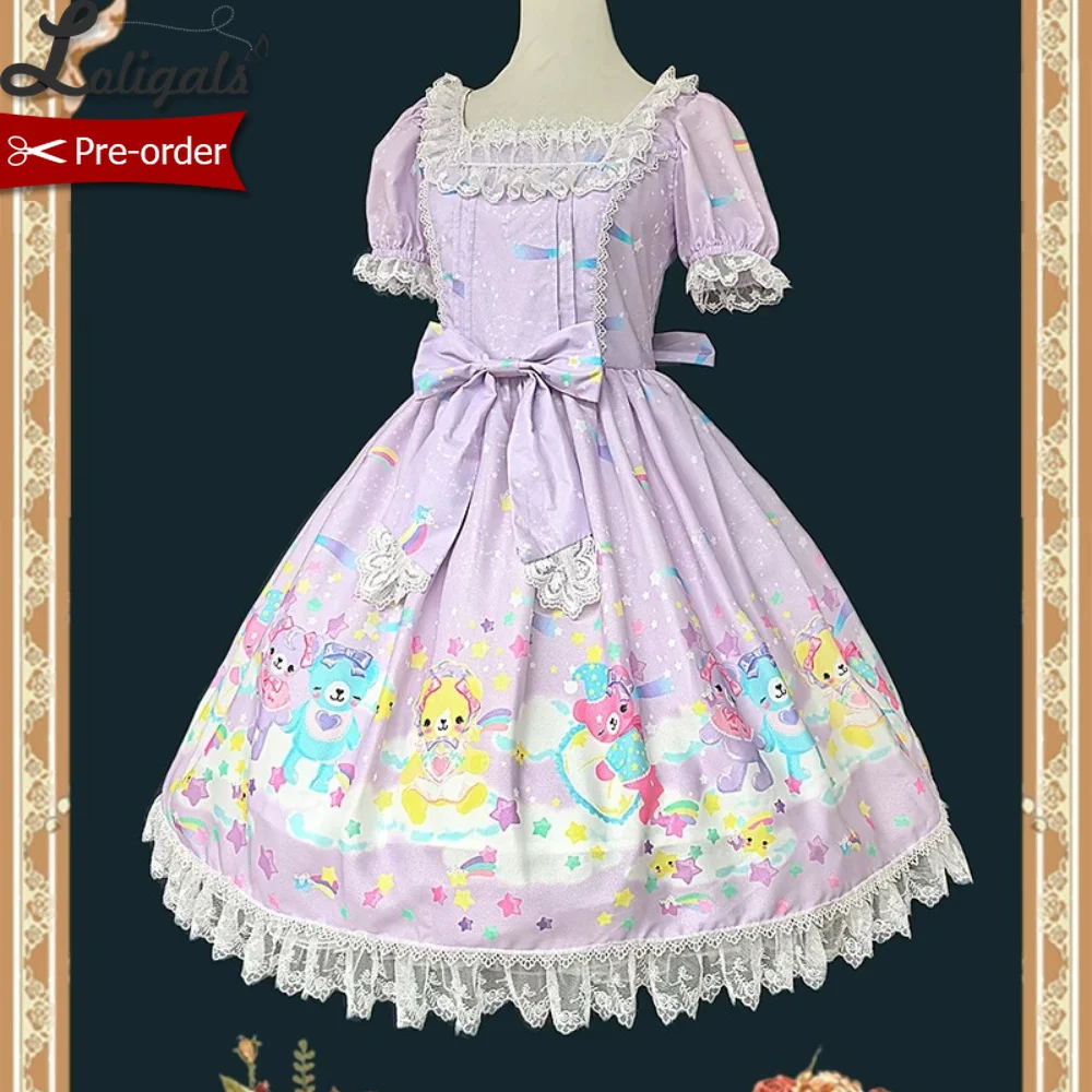 Pre-order Sweet Lolita Dress Retro Printed Chiffon Short Sleeve Midi Party Dress ~ Sleeping Bear by Infanta view 3