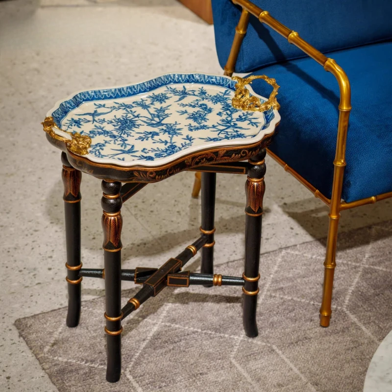

Light luxury high-end ceramic inlaid copper hand-painted blue and white several household living room study side table tray