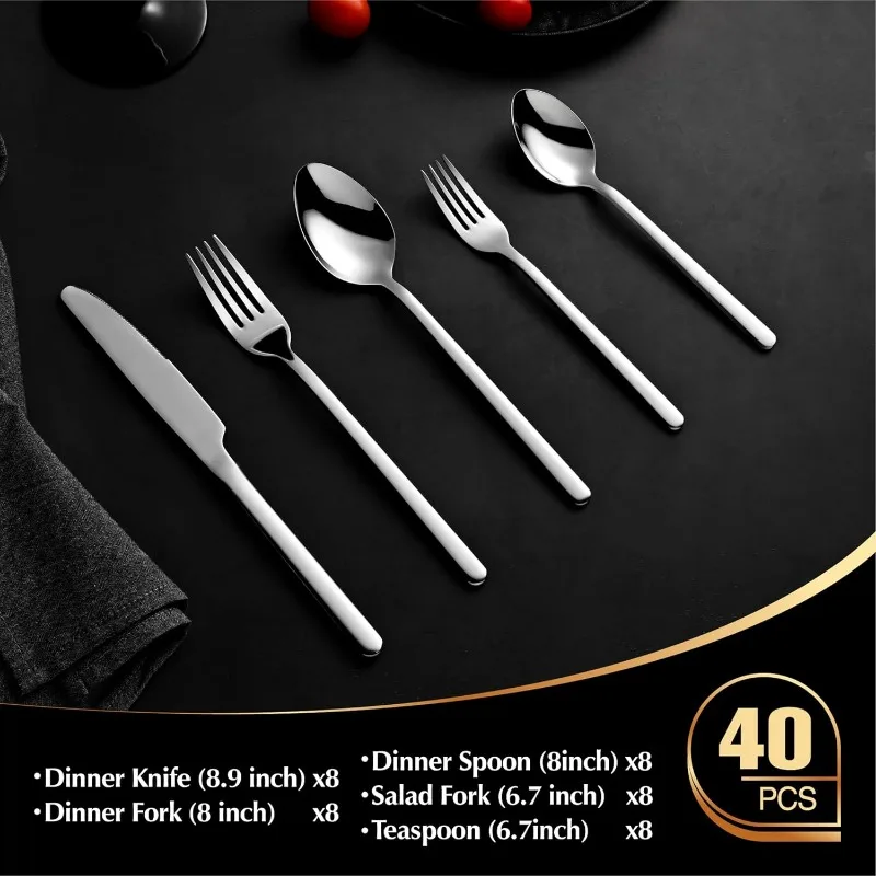 40 Piece Silverware Set, KINGSTONE Flatware Set for 8,18/10 Stainless Steel Cutlery Set Mirror Polished Modern Design Dishwasher