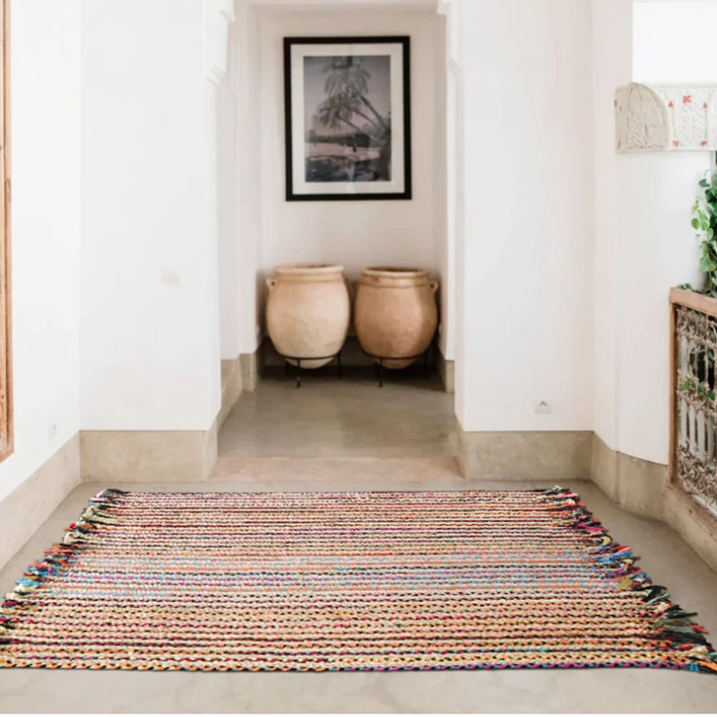 

Living Room Carpet Bohemian Style Natural Jute and Cotton Traditional Hand Knitting Rug Home Decoration Wear Resistant Soft Mats