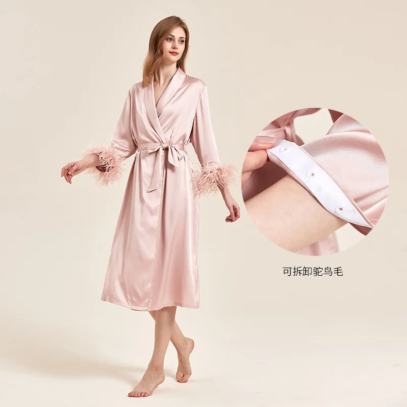 ACOMOSON French-Style Pink Satin Women'S Robe With Ostrich Feather Cuffs Luxurious Morning Robe Bridal Wedding Gown Loungewear