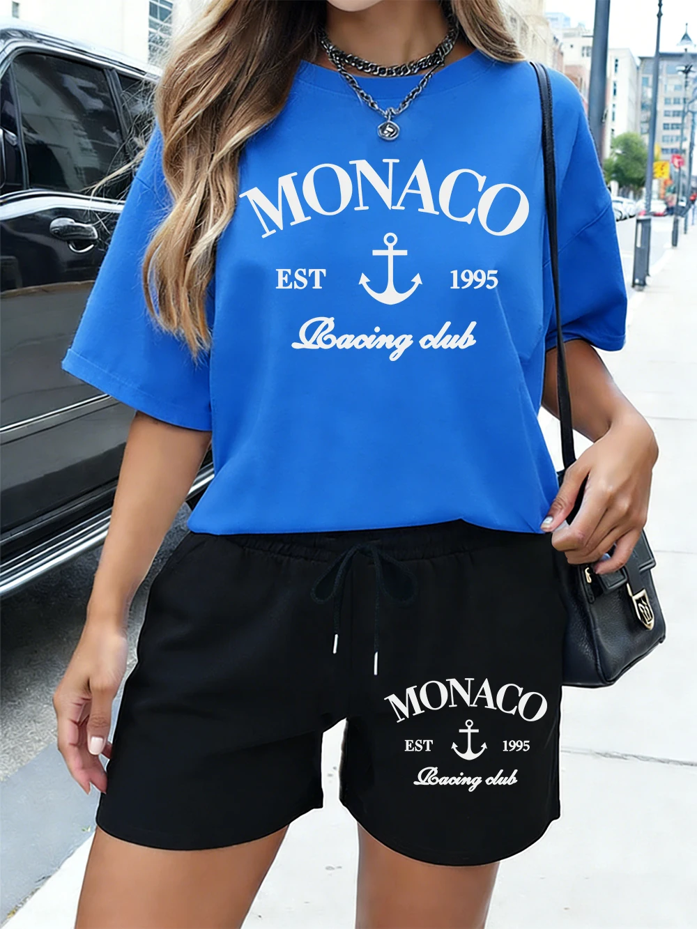 

Комплект из двух предметов Monaco Racing Club: хлопковые топы и шорты с принтом, женские базовые футболки и брюки, летняя одежда оверсайз с карманами