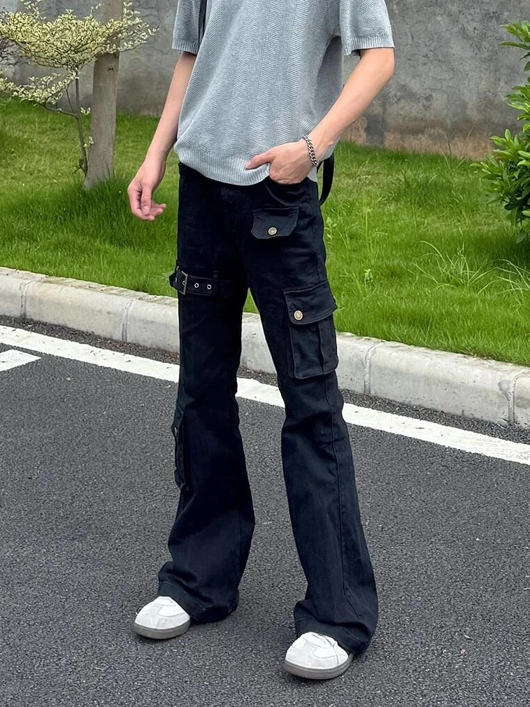

Cleanfit Retro Belted Multi-Pocket Workwear Black Jeans Men Slim Micro Flared Straight Leg Casual Denim Trousers Autumn Wear