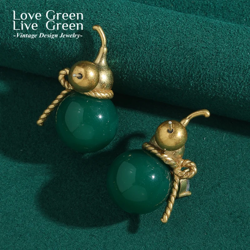 

Vintage Green Agate Gourd Earrings Woman Gold Color Elegant Luxury Quality Jewelry Designer Daily Special Chinese Style 2025