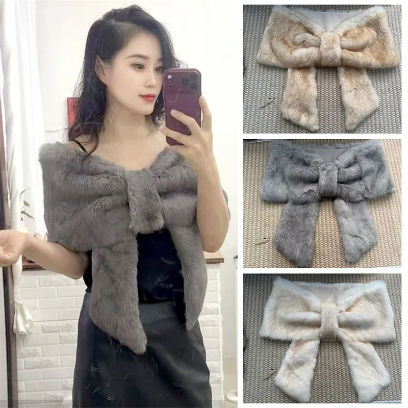 2025 Elegant Rabbit Fur Shawl Women Scarf Collar Winter Warm Cape Wedding Plush Wrap Luxury Winter Women's Fur Shawl Accessories