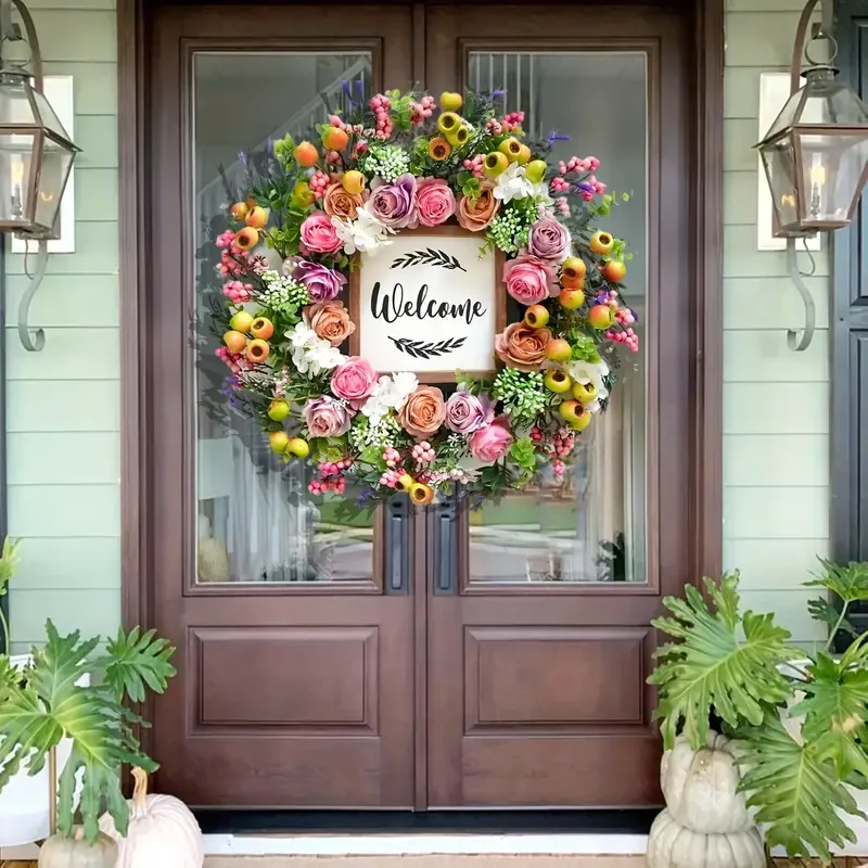 

Spring Summer Wreath for Front Door, 18 inch Artificial Berries and Colorful Flower Wreath with Welcome Sign