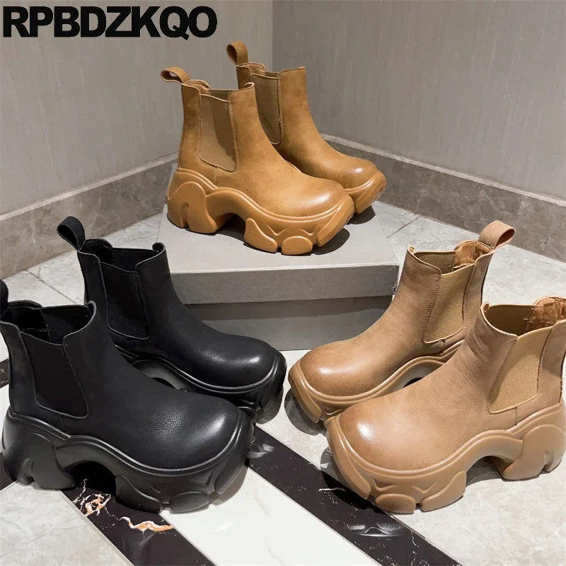 

Tan Harajuku Fur Lined Winter Short Women Slip On Platform Thick Sole High Heels Round Toe Booties Chelsea Boots Shoes Chunky