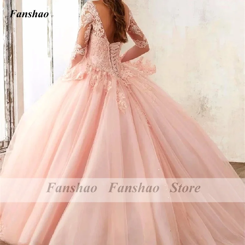 Vestido de quinceañera, Trompeta de manga larga, apliques de encaje, lentejuelas, fiesta de princesa, dulce vestido de graduación, talla grande: