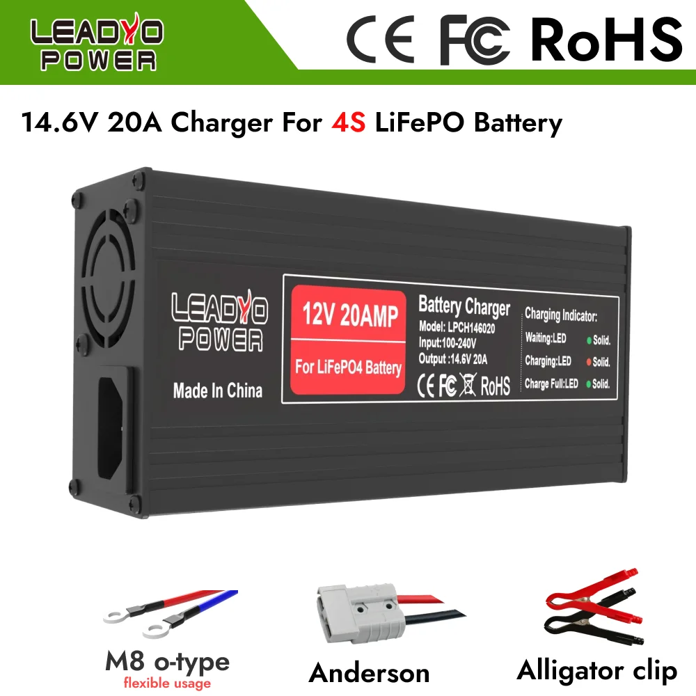 14.6V 20A Charger Aluminum Case Use Lifepo4 Battery 4S 12V High Power For Lithium iron Phosphate RV Battery Pack Smart Charger