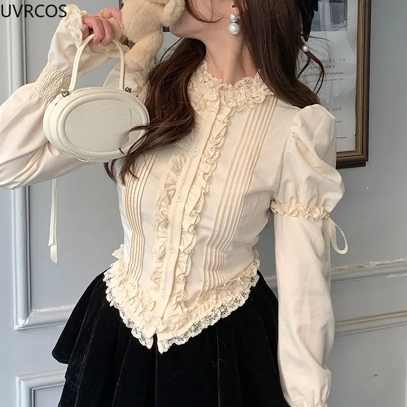 Victorian Elegant Lolita Blouses Women Sweet Lace Ruffles Bandage Puff Long Sleeve Shirts Korean Fashion Slim Vintage Gothic Top