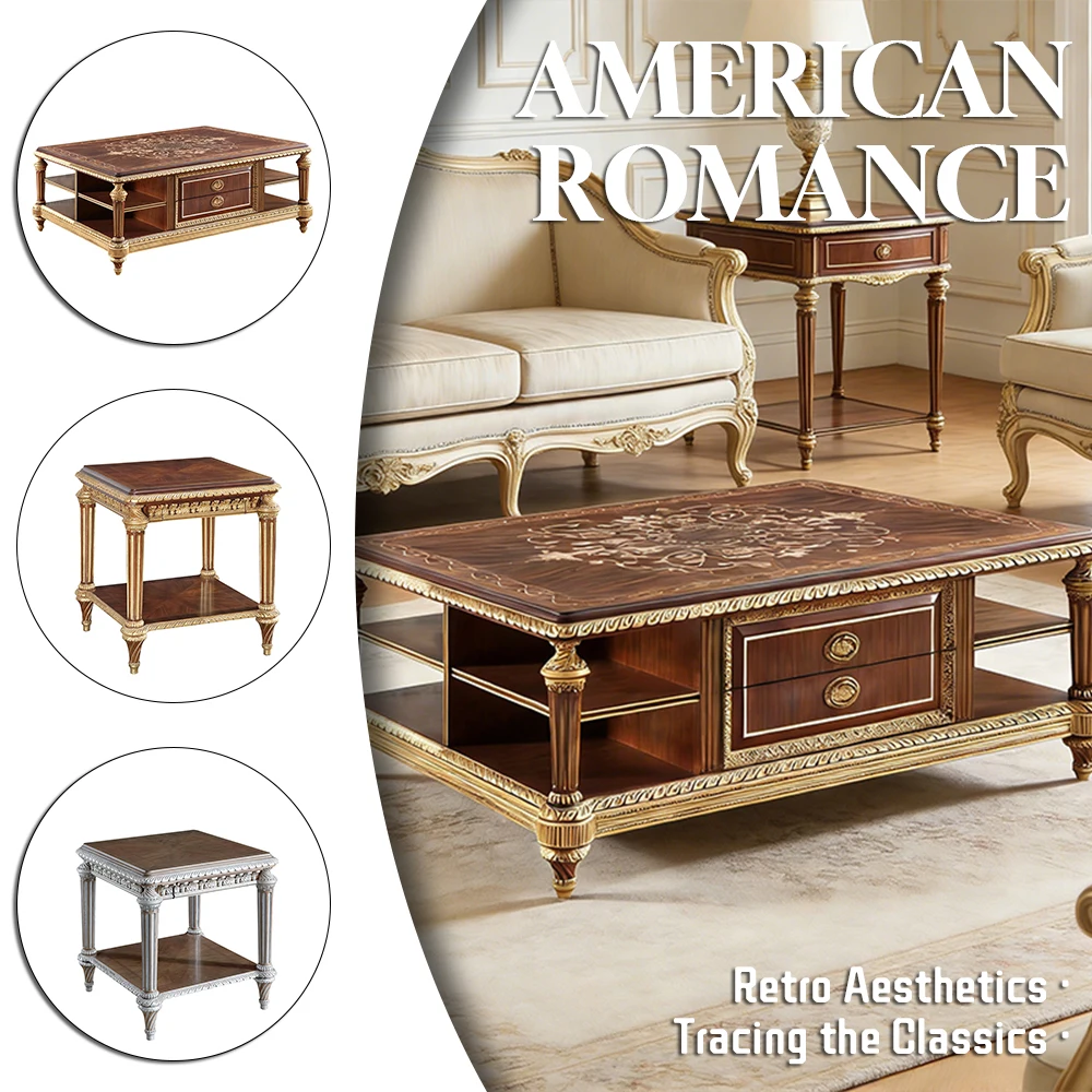 ！@Customization Service French Design Solid Wood Coffee Table Gold Foil Center Table for Living Room in Villas