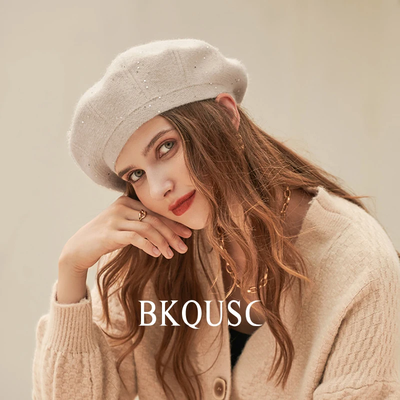 Velvet Knitted Women\'s Beret Hats Painter Caps Female Hairy Woolen Hat Elegant Ladies Soft Velvet Warm Solid Color Knitted Beret