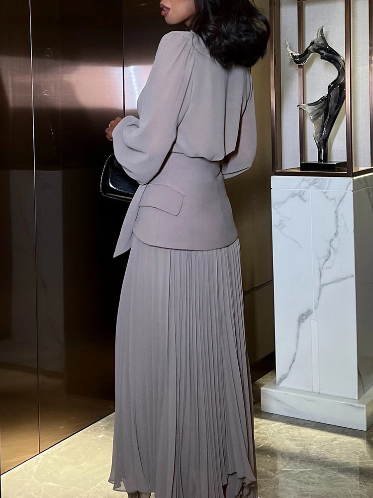 

Модные шифоновые юбки с v-образным вырезом и длинными рукавами, комплект повседневной женской однотонной свободной комплект из трех предметов для поездок на работу, темпераментный комплект с высокой талией