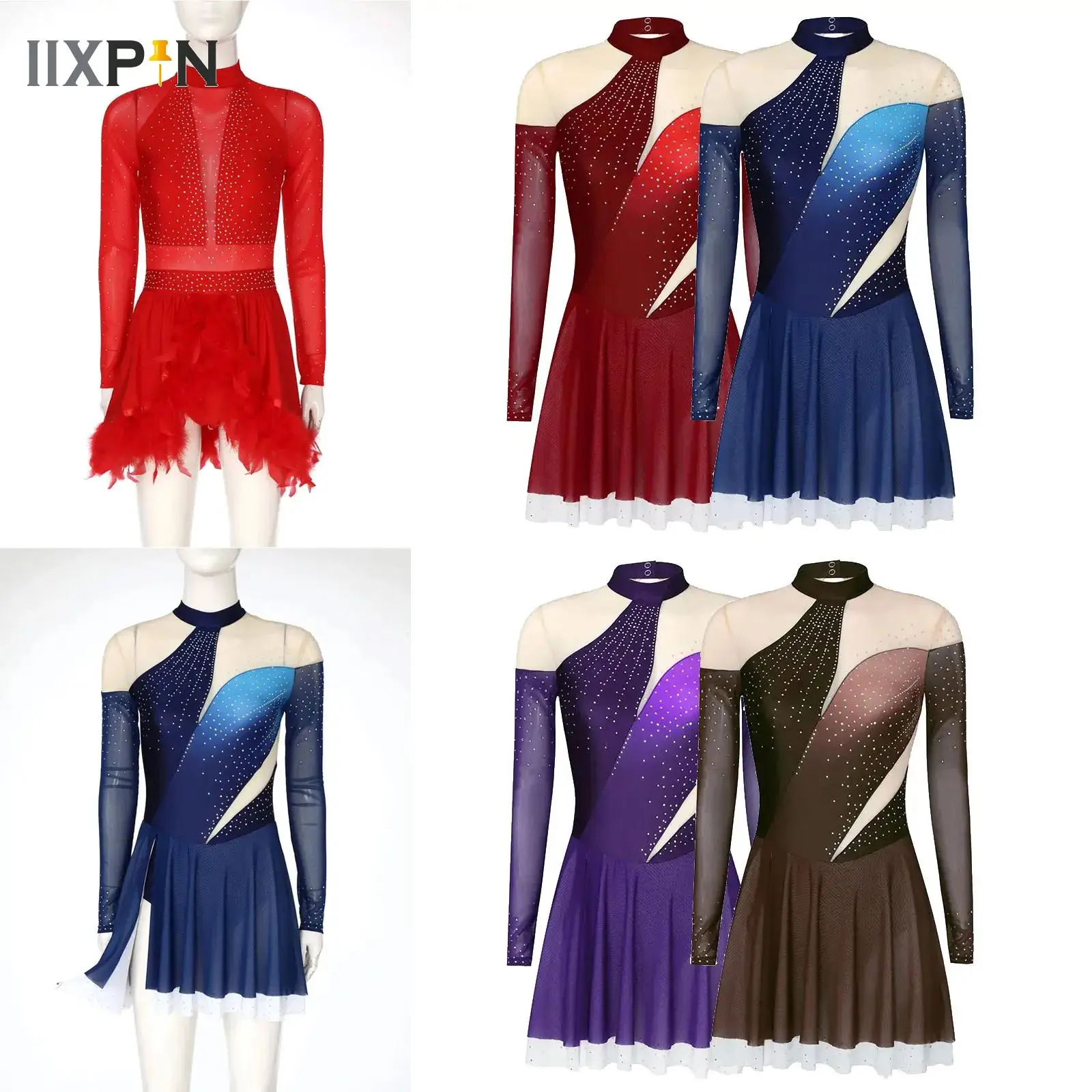

Women Long Sleeve Figure Skating Dress Ballet Lyrical Dance Gymnastics Dancewear Shiny Rhinestone Sheer Mesh Leotard Dresses