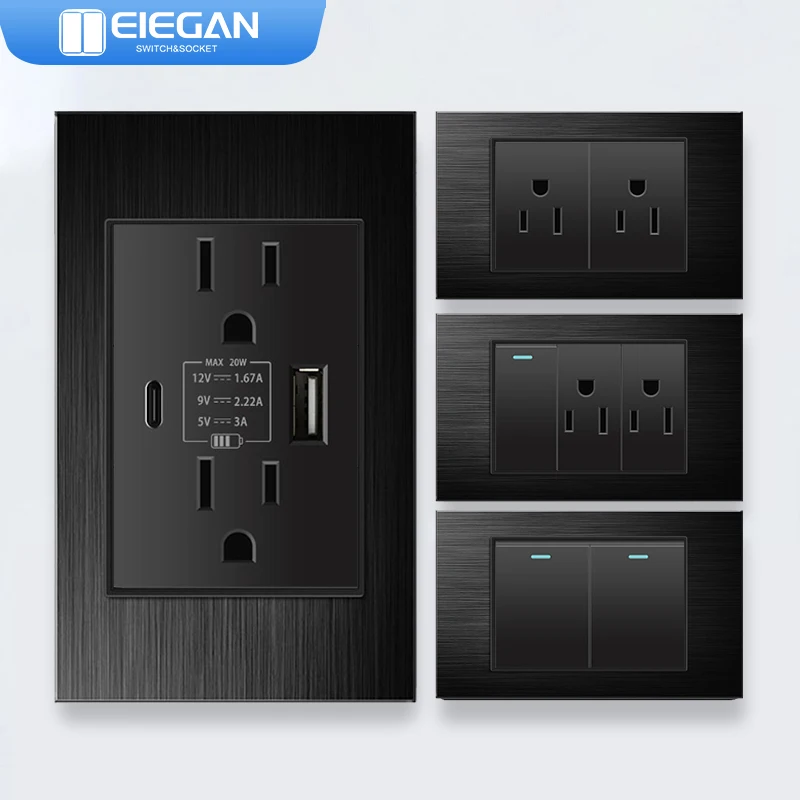 

ELEGAN Black Aluminium panel Thailand Standard Type C America Outlet Plug 118*72mm Wall Socket Light Switch Fast Charge