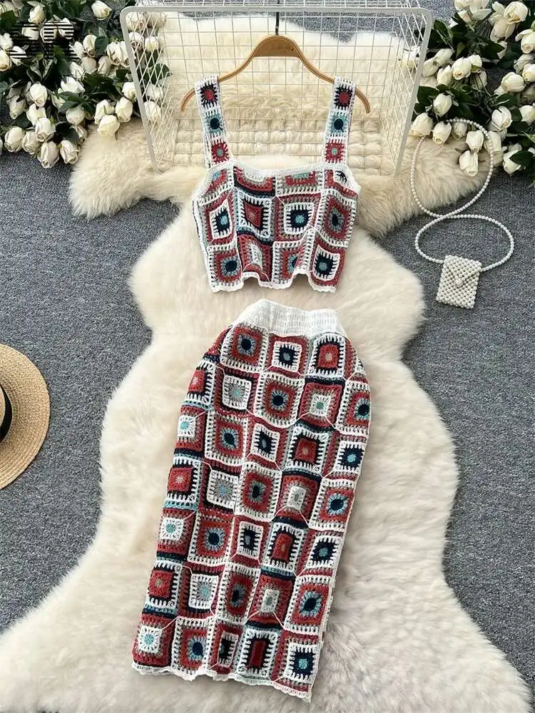BabYoung Sexy Bohemian Two Piece Set Women Hook Flower Hollow Tank Top Bodycon Elastic Waist Skirt Summer Vacation Knitted Suit