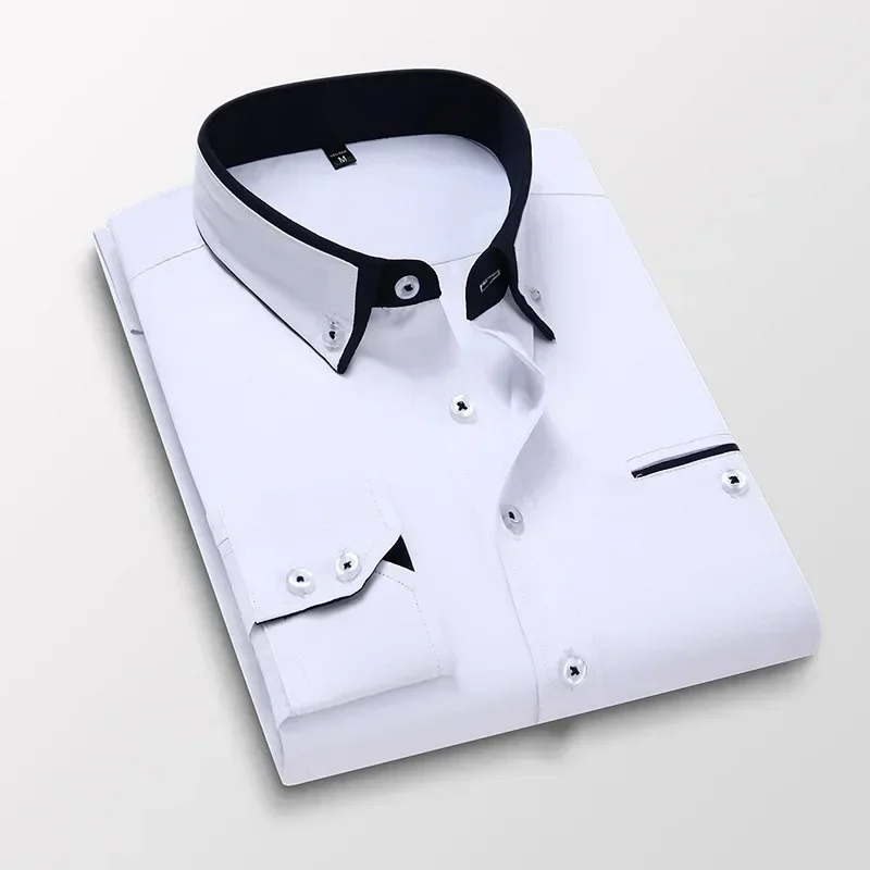 

Men Long-Sleeved Shirts Spring Summer Casual Cotton Short-Sleeved Shirts Male Slim Fit Lapel Business Dress White Shirts 5XL