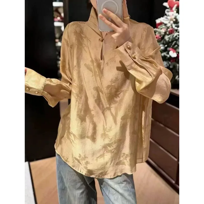 

2026 Spring New Chinese Neck Jacquard Dark Shirt Women
